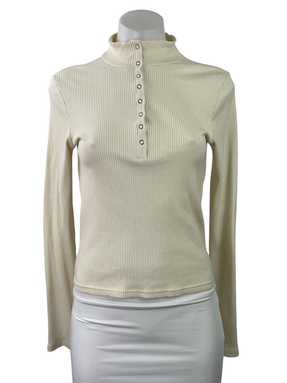 Frank And Oak Cream Ribbed Knit Long Sleeve Henley High Neck Snap Sweater Top S